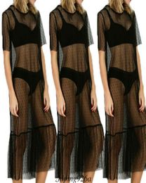 New Sheer Mesh Maxi Dress Women Short Sleeve Sequin Polka Dot Dresses Black Perspective Sundress Summer High Waist Beach Dress2874071