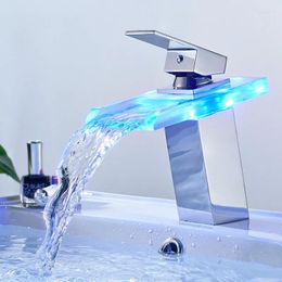 Bathroom Sink Faucets LED Basin Faucet Brass Waterfall Temperature Colors Change Mixer Tap Deck Mounted Wash Glass Taps