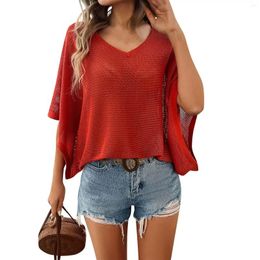 Women's T Shirts Tops For Women Trendy Summer Casual V Neck Half Sleeve Basic Hollowed Solid Color Sweater Fashionable And Simple