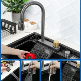Waterfall Kitchen Sink Stepped Large Single Slot Black Quartz Gourmet Kitchen Washing Basin with Cup Washer Home Appliances Z