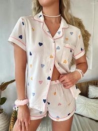 Home Clothing Women's Summer Loungewear Set Cute Heart Print Short Sleeve Notched Lapel Buttons Tops With Elastic Waist Shorts 2 Pcs