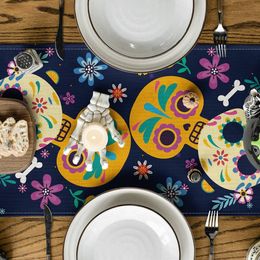 Mexico Day of The Dead Linen Table Runners Kitchen Dining Table Decor Marigolds Skull Dining Table Runners Halloween Decorations