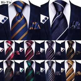 Bow Ties Hi-Tie Designer Navy Blue Striped Silk Wedding Tie For Men Fashion Gift Necktie Hanky Cufflink Business Party Drop