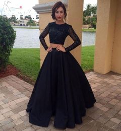Modest Black 2 Pieces Prom Dresses 2017 Long Sleeve Sequins Two Piece Evening Dress Satin Custom Made Formal Party Gown2588094