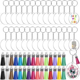 120pcs Acrylic Blank Keychain With Leather Tassel Pendant Keyring Round Acrylic Keychain Keyring Set DIY Craft Decor