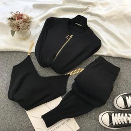 Women's Two Piece Pants Knitted 3 Sets Women Fall Winter Long Sleeve Cardigan Jacket And Shoulder Strap Vest Outfits Jogging Capris Suits N5