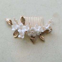 Hair Clips Handmade Ceramic Flowers Bridal Comb Vintage Gold Colour Leaf Women Wedding Hairpin Headpiece Accessories