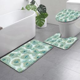 Bath Mats Turquoise Bird Peacock Feather Mat 3pcs Set Watercolour Teal Non-Slip Absorbent Bathroom Rug Carpet Entrance Indoor Doormat