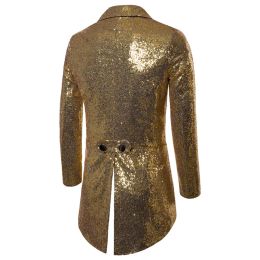 Shiny Gold Sequins Glitter Tailcoat Suit Jacket Male Double BBlazer Party Stage Costumereasted Wedding Groom Tuxedo Men's
