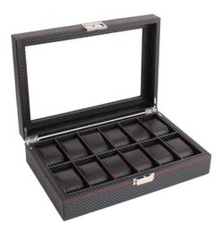 OUTAD 12 Slots Luxury Carbon Fibre Watch Box Jewellery Watch Display Storage Holder Rectangle Black Leather Case5651170