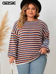 GIBSIE Plus Size Drop Shoulder O-Neck Knitted Sweater Women 2023 Fall Winter Striped Casual Long Sleeve Loose Pullover Tops