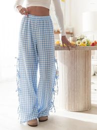 Women's Pants FUFUCAILLM Women Wide-Leg Plaid/Stripe Print Side Tie-Up Loose Trousers Spring Summer Casual Sweatpants Bottoms