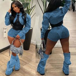 Sexy Denim Jean 2 Piece Matching Pant Set Outfits Summer Women Clothes Y2K Biker Shorts Suits Sets Cropped Tops Tracksuit 240412