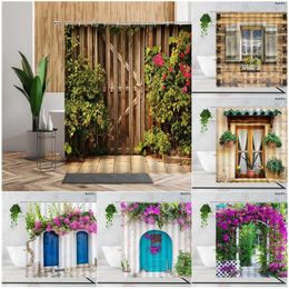 Shower Curtains Garden Curtain Set For Bathroom Decor Flower Green Plant Wooden Fence Printing Bath Accessories Backdrop Fabric