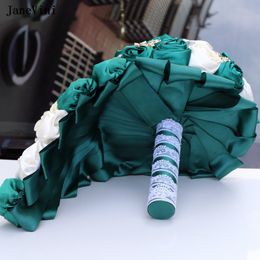 JaneVini Luxury Rhinestone Waterfall Bridal Bouquets Dark Green Ivory Satin Roses Artificial Cascading Flowers Bouquet for Bride