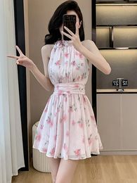 Casual Dresses Summer Pink Floral Chic Neck-mounted Sexy Dress Women Elegant Ruffled Short 2024 Korean Fashion Kawaii