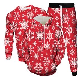 Christmas Men Red Colour Tracksuit Snowflower Print Hoodies Sweatshirt Pants 3Pcs Set New 2023 Male Clothes Suit Large Size S-6XL