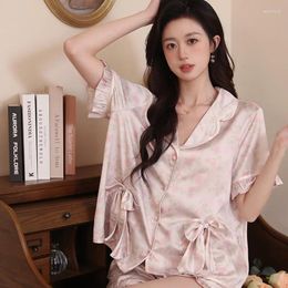 Home Clothing Ice Silk Pyjamas Women's Summer Thin 2-piece Loose Luxury French Elegant Lapel Printed Service Suit 2024 Fashion