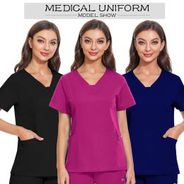 8 Styles Medical Uniforms Nurse Scrubs Tops Women Short Sleeve V-neck Shirt Pet Grooming Carer Workwear Pockets Clinical Blouse