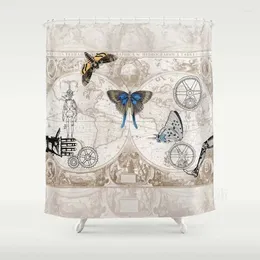 Shower Curtains Steampunk Curtain Gears Industrial Chic Bathroom Machines Death Head Moth Unique Map