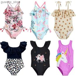 One-Pieces Cartoon Print Baby Girls One Piece Swimsuit for Summer Cross Halter Cute Skinny Swimming Bikini Beachwear Kids Bathing Swimwear Y240412
