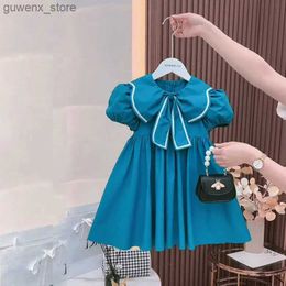 Girl's Dresses Baby Girls Dress Summer Blue Cute Puff Sleeves Elegant Princess Dress With Flowers Bow Tie Birthday Party Clothes 1-6 Years Old Y240412