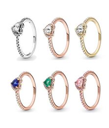 Authentic 925 Sterling Silver Ring Sparkling Pink Blue Green Elevated Heart Rings For Women Wedding Party European Fashion Jewelry4895220