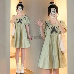 Maternity Dresses Korean Style Summer Fashion Pregnant Woman Ball Gown Dress Preppy Style Short Sleeve Bowknot Collar Maternity Loose Dress Cute 240413