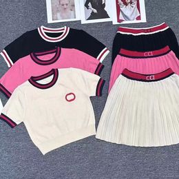 2024 Designer Italian Ladies Letter Embroidery Short sleeve knitted slim vest T-shirt + Pleated skirt Ladies Outdoor golf Leisure Spring/Summer luxury two-piece set