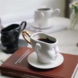 Cups Saucers Nordic Simple Coffee Cup Saucer Set Home Face Shape Mugs Exquisite Afternoon Tea Ceramic Solid Color Black White