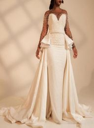 2019 African Plus Size Mermaid Wedding Dresses Luxury Beaded Pearls with Satin Overskirt Sweep Train Wedding Gown vestido de novia8982901