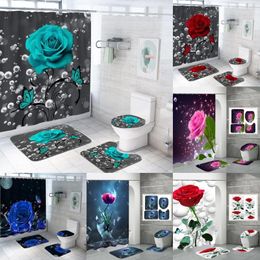 Shower Curtains Teal Flower Curtain Set With Rugs Turquoise Rose Baths Bath Mats Romantic Floral Bathroom Decor Sets Of 4Pcs