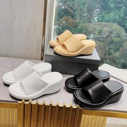 Slippers 7cm Paris Bread Sheepskin Leather Round Toe Sloping Heel Thick Sole Sponge Cake One Line Drag Casual Sandals