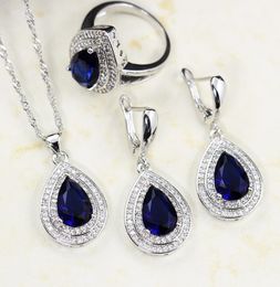 Bague Ringen Water Drop Shaped Sapphire Silver 925 Jewelry Sets for Women Blue Gemstones Ring Earrings Necklace Bracelet Wedding M1628110