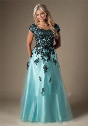 Mint and Black Lace Tulle Long Modest Prom Dresses With Cap Sleeves Appliques Aline Floor Length Girls Formal Prom Gowns Evening 6301080
