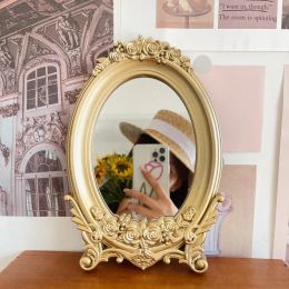 Rustic Carving Frame Gold Mirror Home decor Tray Home Decorative Mirror Bedroom Table Makeup Mirror