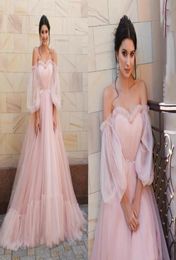 Romantic Blush Pink Puffy Sleeves Prom Formal Dresses Evening Gowns Off the shoulder Detachable Sleeve Pleated A line Tulle Brides8759321