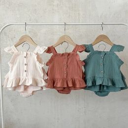 Shorts Summer 03Yrs Toddler Baby Girl Clothes Suit Fly Sleeved Linen Cotton Solid Color Tshirt+PP Shorts Infant Baby Clothing Set