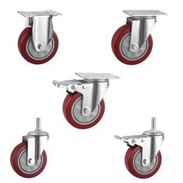 4 Pcs/Lot 3 Inch Medium Size Jujube Red Casters Flat Plate Brake Universal Rolling Wheels Silent Anti Winding Bearing PVC