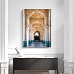 Moroccan Arch Islamic Building Hassan II Mosque Posters and Prints Canvas Printing Wall Art Picture for Living Room Home Decor