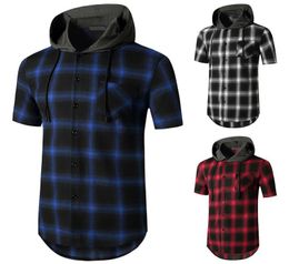 Men039s Short Sleeve Hoodie Plaid Flannel Shirt C11201234345702