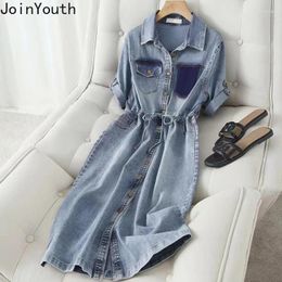 Casual Dresses 2024 Vestidos De Mujer Denim For Women Slim Waist Single Breasted Robe Femme Fashion Korean Summer Y2k Maxi Dress