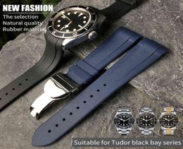 22mm Natural Rubber Silione Watch Band Special for Tudor Black Bay Gmt Curved End Pinfolding Buckle Black Blue Red Wrist Strap H04790545