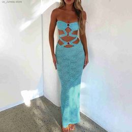 Basic Casual Dresses hirigin Sexy Women Long Bodycon Dress Lace Hollow-Out Boat Neck Strapless Tube Dress Summer Backless Fashion Party Dress T240412