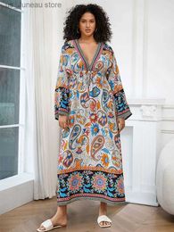 Basic Casual Dresses Bohemian Printed Long Slved Women Dress Beach Vacation Soft Tunic Wrap Vibrant Color 2024 Summer Beach Wear Outfit Robe Q1614 T240412