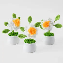 Decorative Flowers Gardenia Crochet Flower Pot Hand Knitted Homemade Finished Artificial Woven Potted Home Desktop Decor