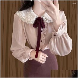 Womens Blouses Shirts Cute Retro Vintage Ruffles Bow Tie Ribbon Tops Flhjlwoc Basic Elegant Work Formal Single Breasted Button White P Otrje