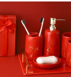Red Wedding Supplies Kit Marble Texture Ceramics Bathroom Accessories Set Storage Tray Toilet Wash Set Soap Dispenser Toothbrush