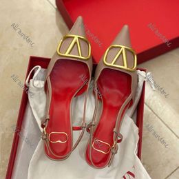 Designer Sandals High Heels Pointed Shoes Classics Metal V-buckle Nude Black Red Matte 6cm 8cm 10cm Thin Heel Real Leather Womens Wedding Shoes with logo size 35-44