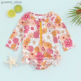 One-Pieces 6M-4T Baby Girl Rash Guard Swimsuit Cute Floral Print Long Sleeved Zipper Floral Long Sleeved Swimsuit Y240412